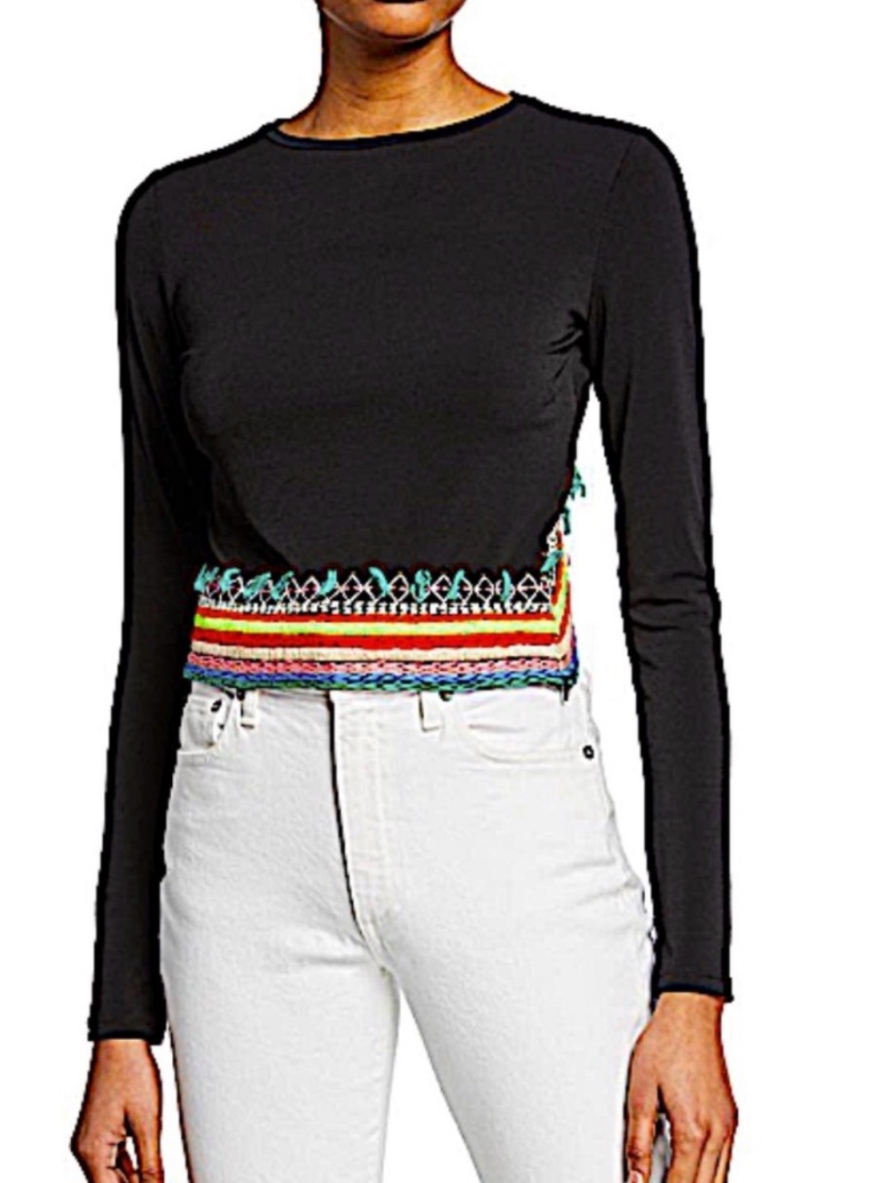 Alice + Olivia Black Long-Sleeve Cropped Top with Multicolor Hem